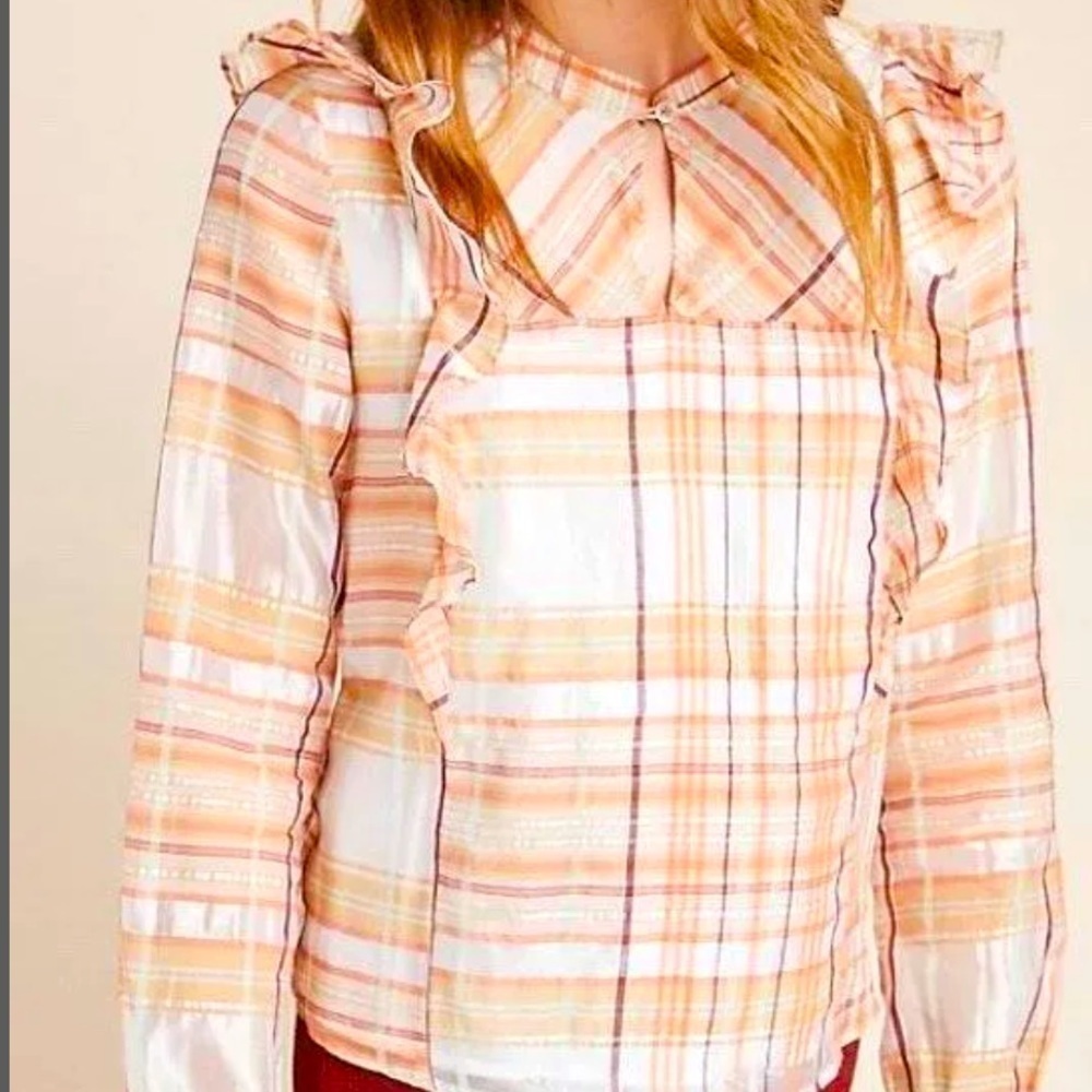 NWT Anthropologie Pink/Rose Plaid Current Air Polly Long Sleeve Blouse Size XS